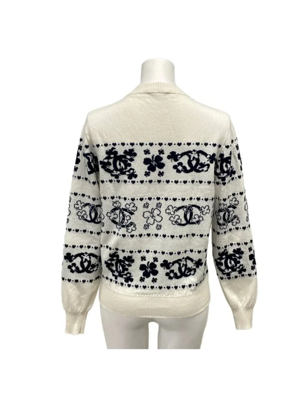 Chanel Long Sleeve Sweater 36 Ivory Dark Navy CC Logo Camellia Cashmere Cotton